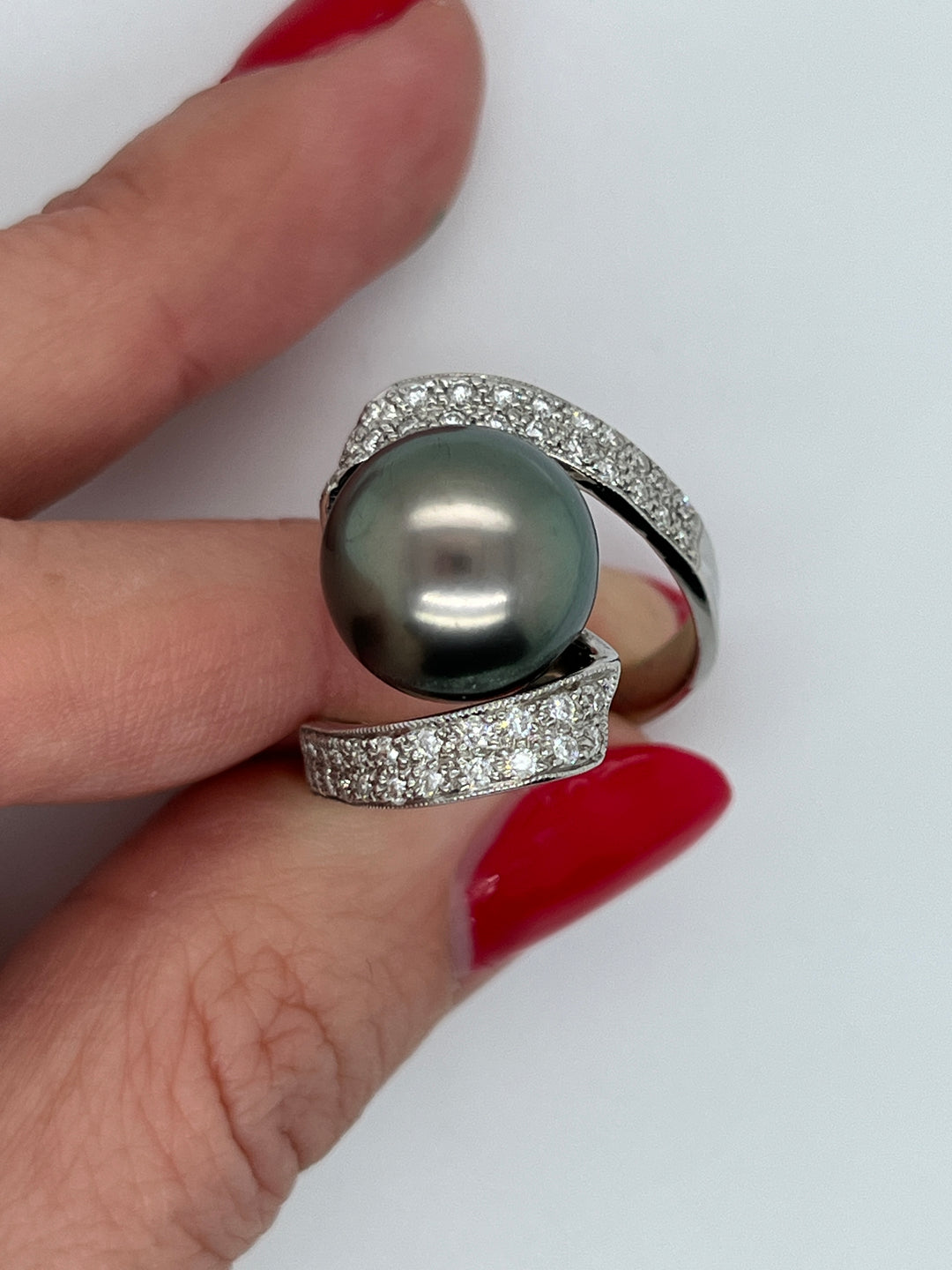 18K White Gold Tahitian Pearl and Diamond Cocktail Ring – Adrian